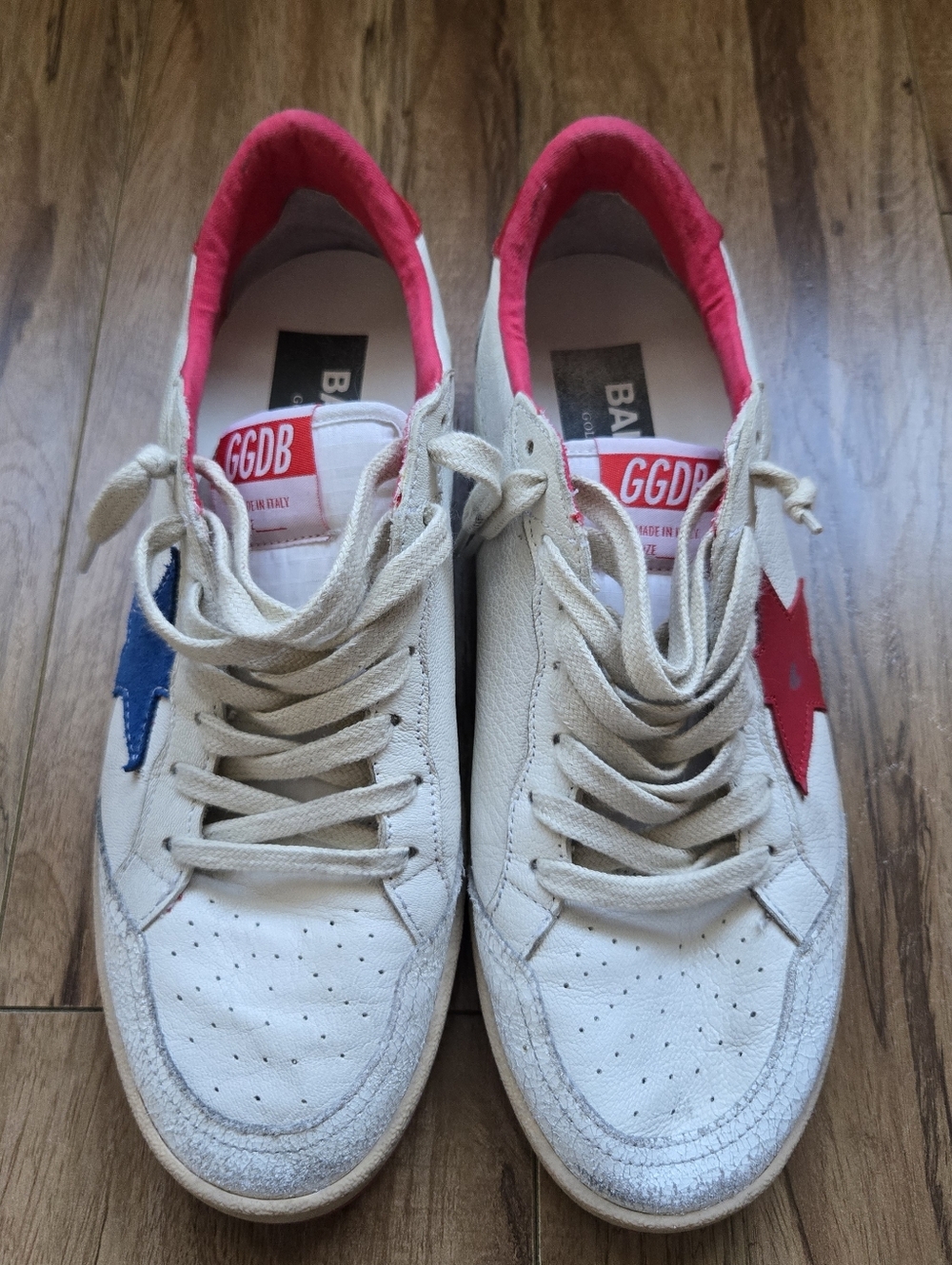 Golden Goose Ball Star White Leather Sneakers with Blue & Red Star Size 39